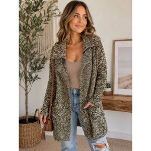 Gap Cozy Brown Beige Lamb Wool Blend Knit Drape Collar Cardigan Sweater Fall Chi